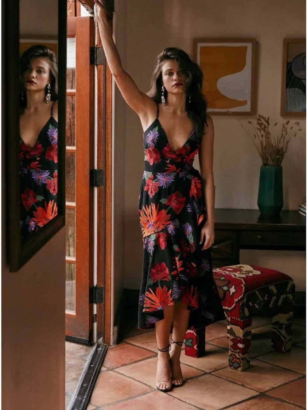 Dress the Population Black Midi Wrap Dress with Floral Embroidery